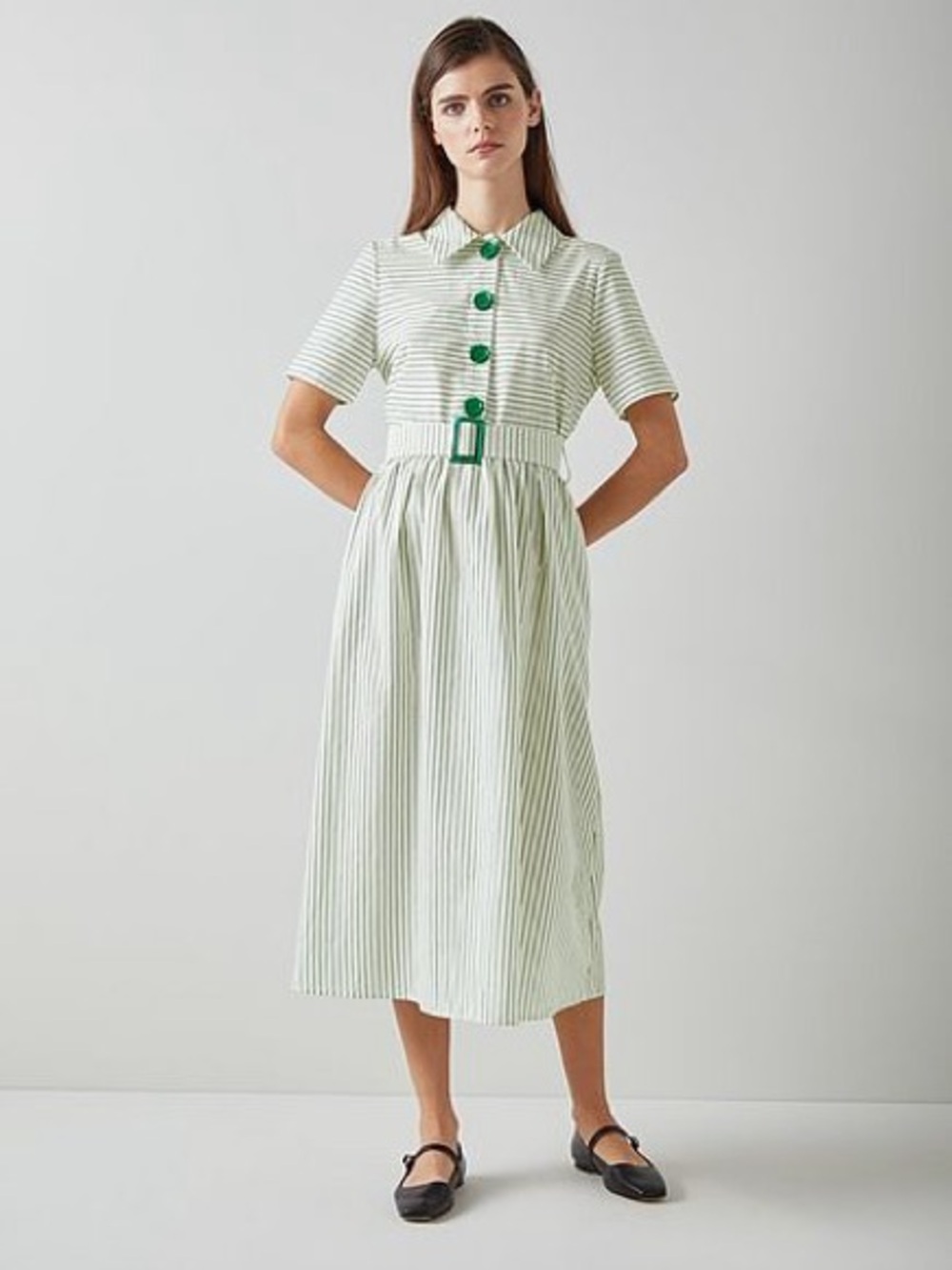 NWT LK Bennett Bextor White Striped Dress with Green Buttons and Belt